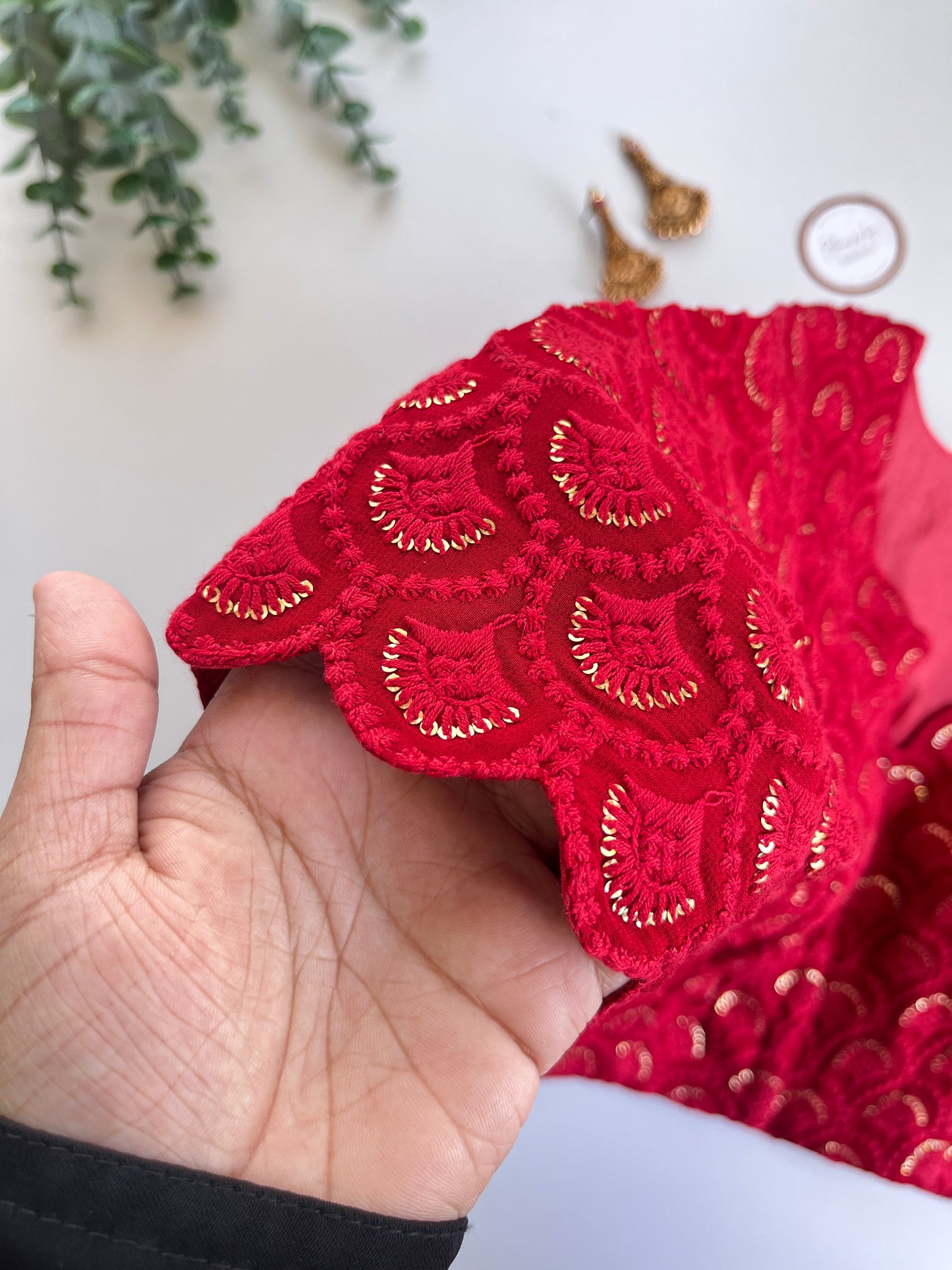 Red Chikankari Scallop Blouse
