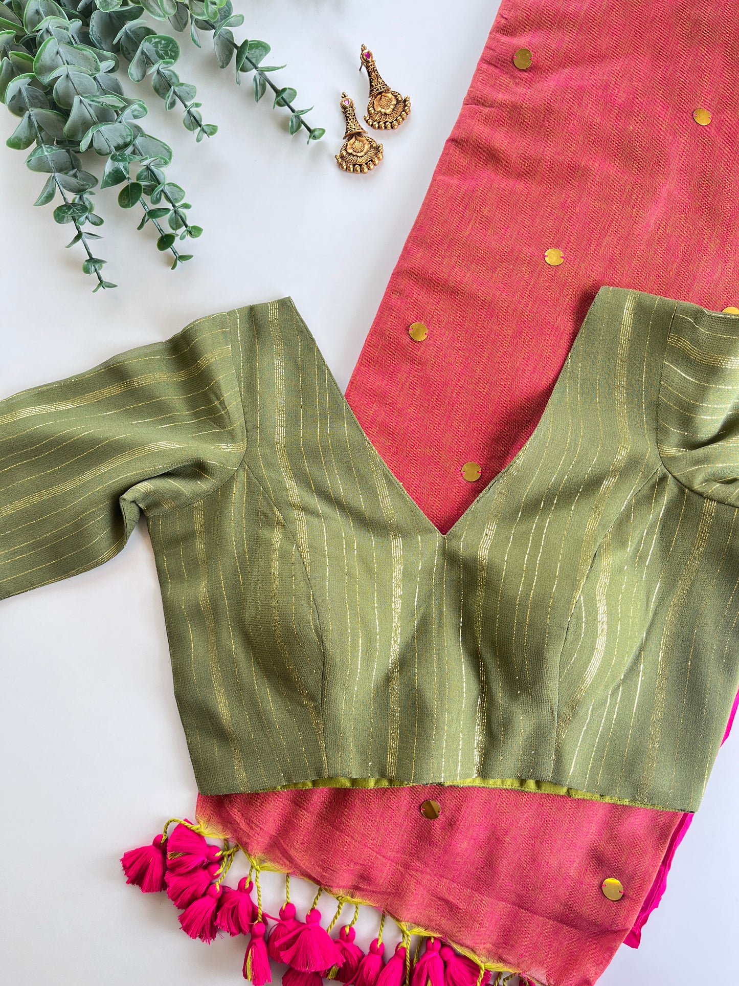 Pink Mul saree & Olive green Blouse