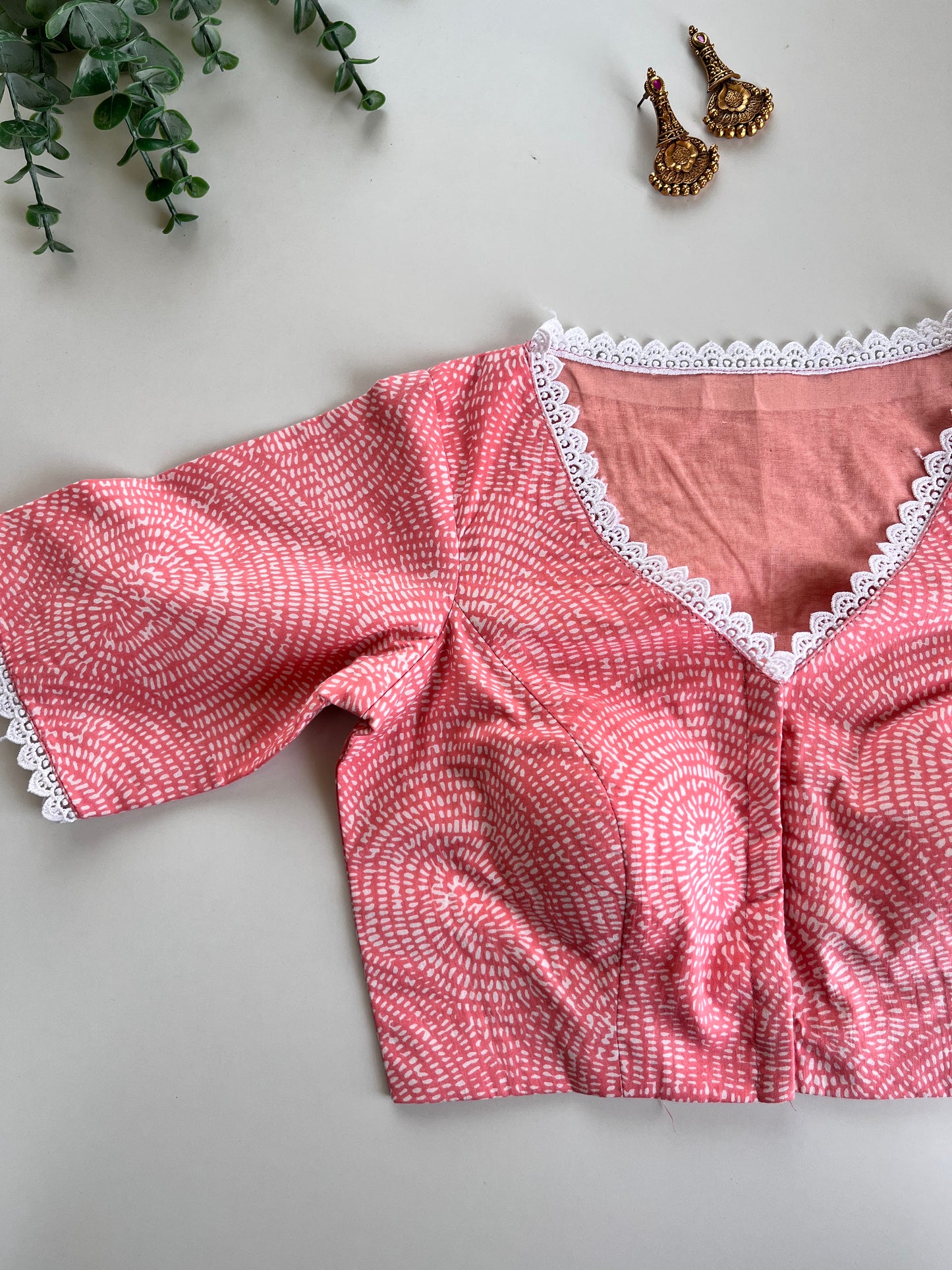 Peach Lace work Cotton Blouse