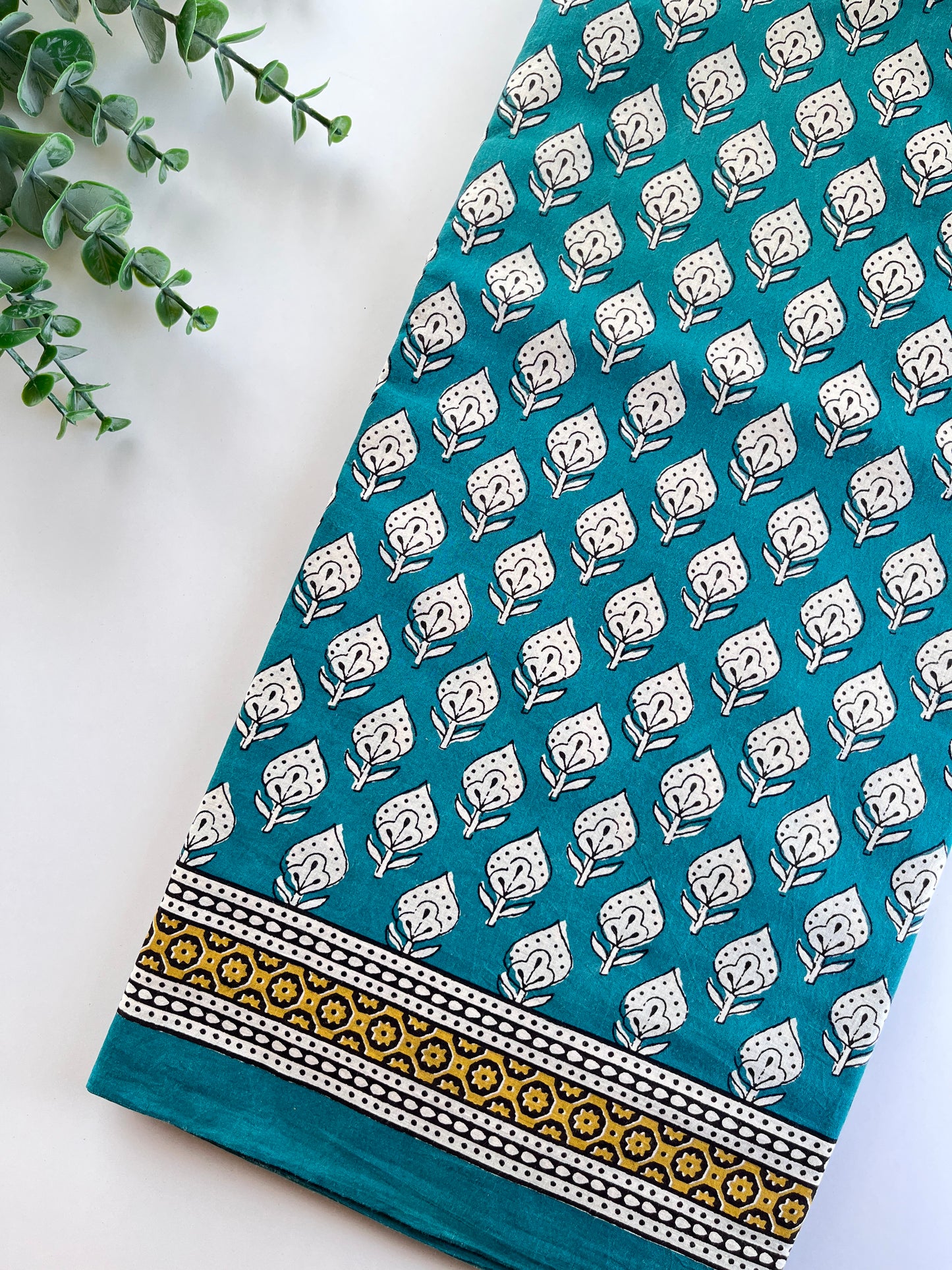Peacock Green Block Printed Cotton Saree