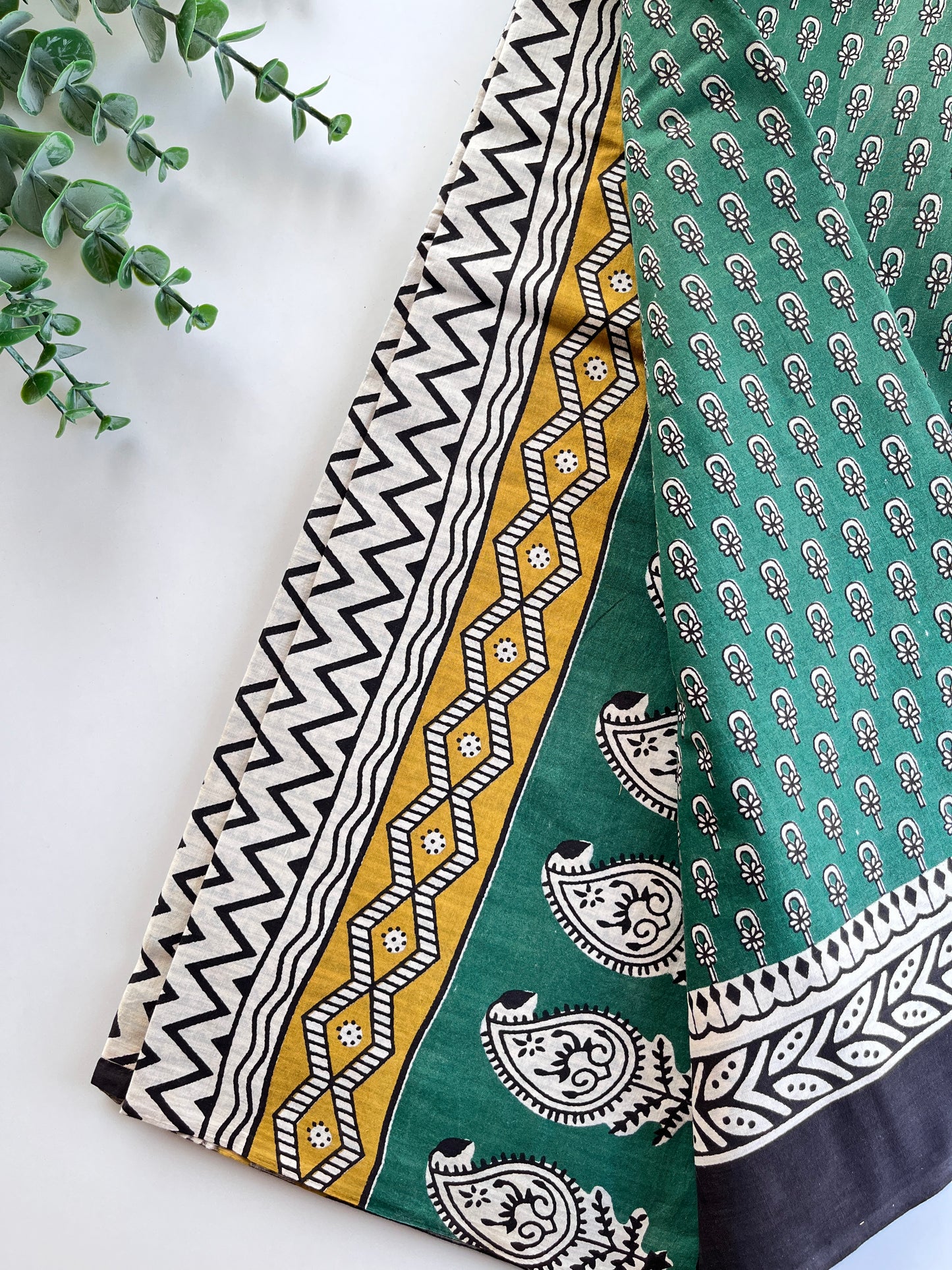 Dark Green Block Printed Cotton Saree