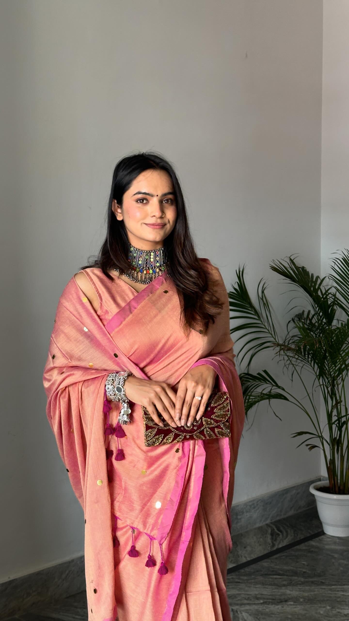 Blush Pink Mul Cotton Saree & Stitched Blouse