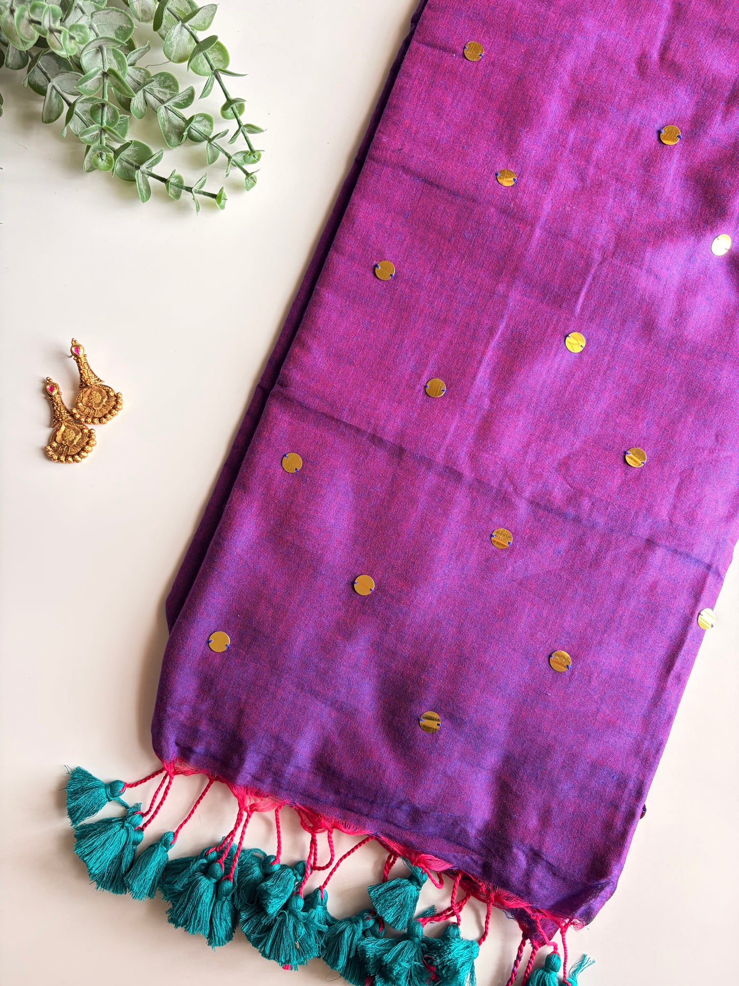 Purple & Peacock Blue Mul Cotton Sequence Saree