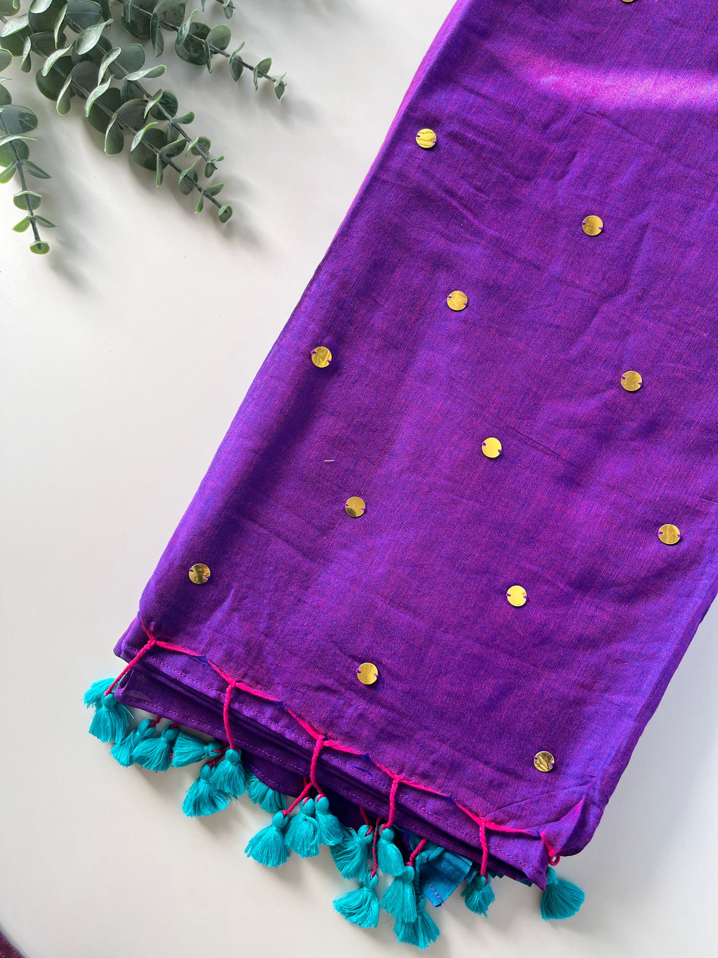 Purple & Peacock Blue Mul Cotton Sequence Saree