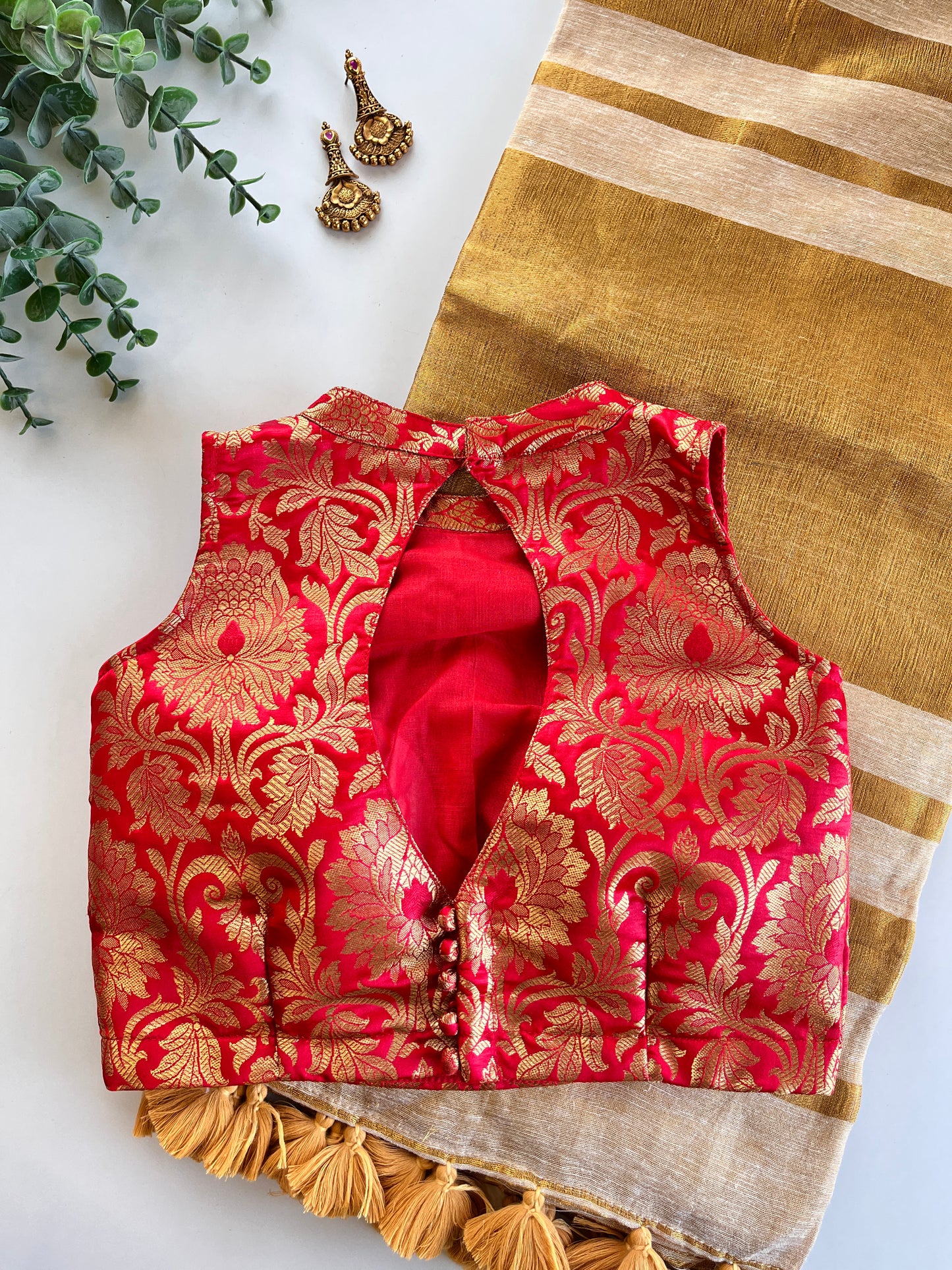 Linen Golden Saree and Red Brocade Blouse