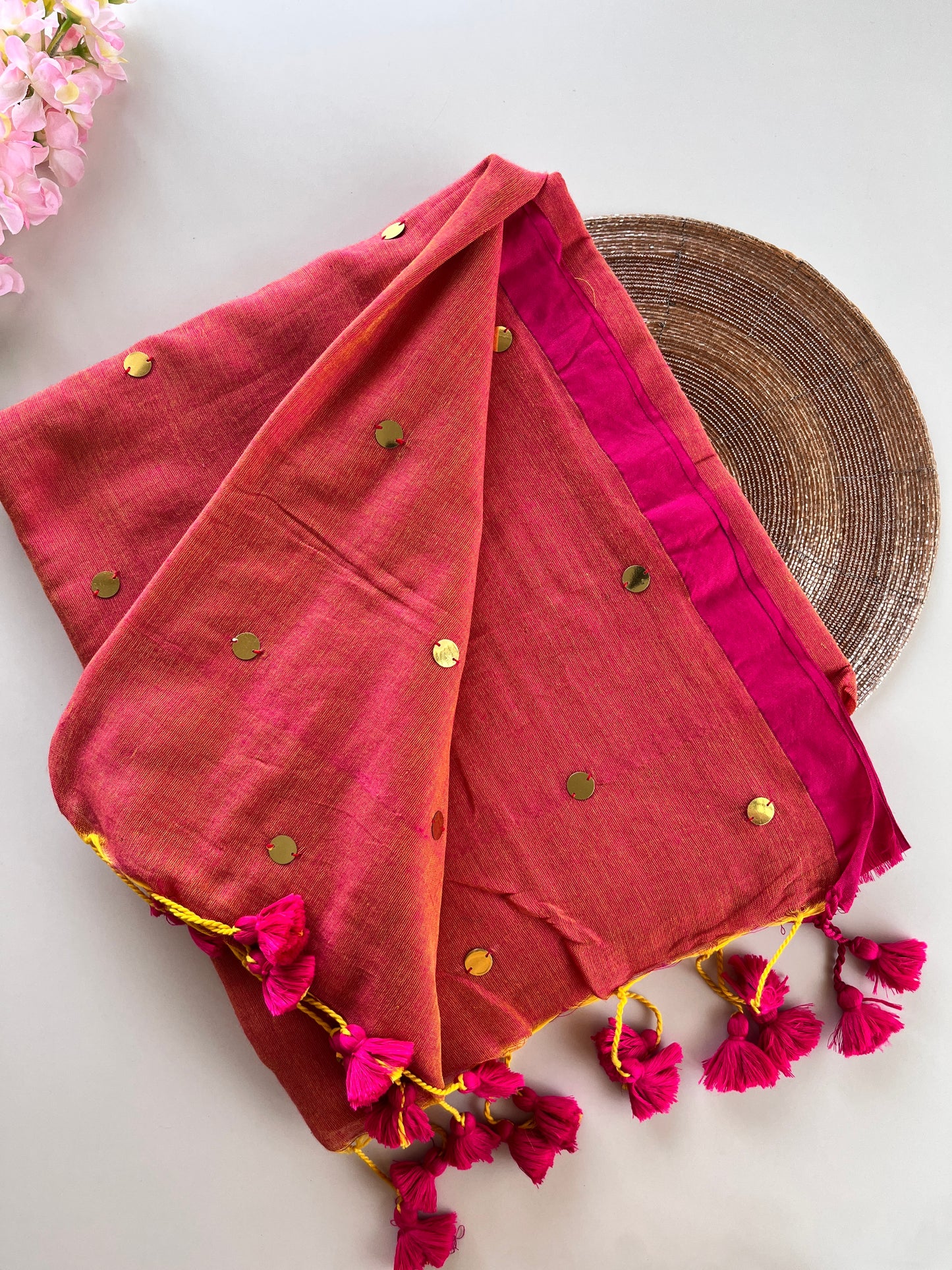 Peach Pink Mul Cotton Sequence Saree