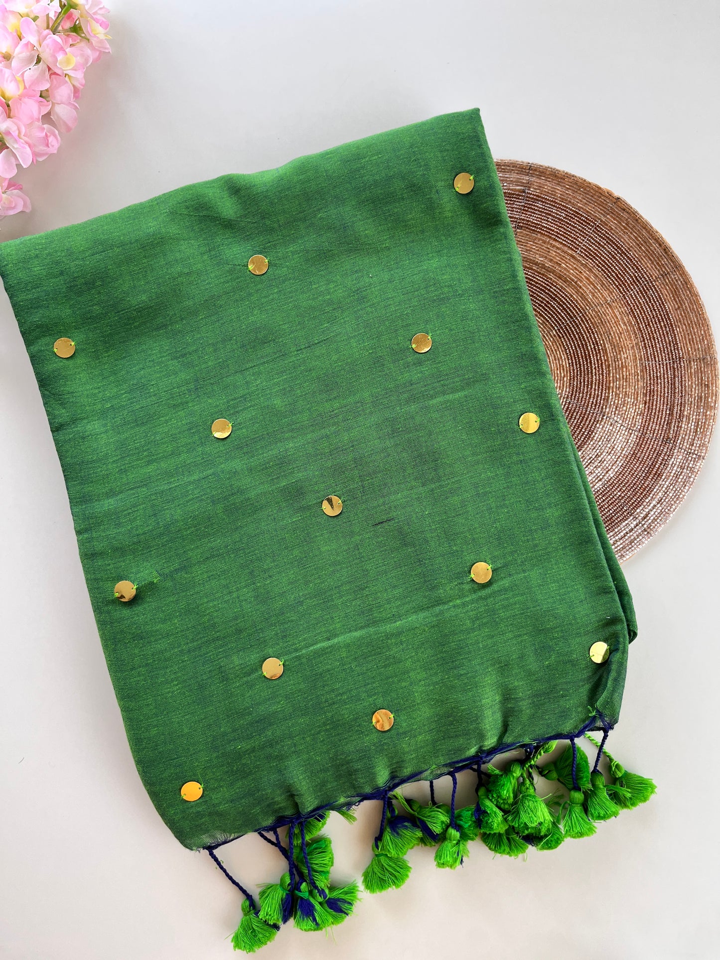 Green Mul Cotton Sequence Saree