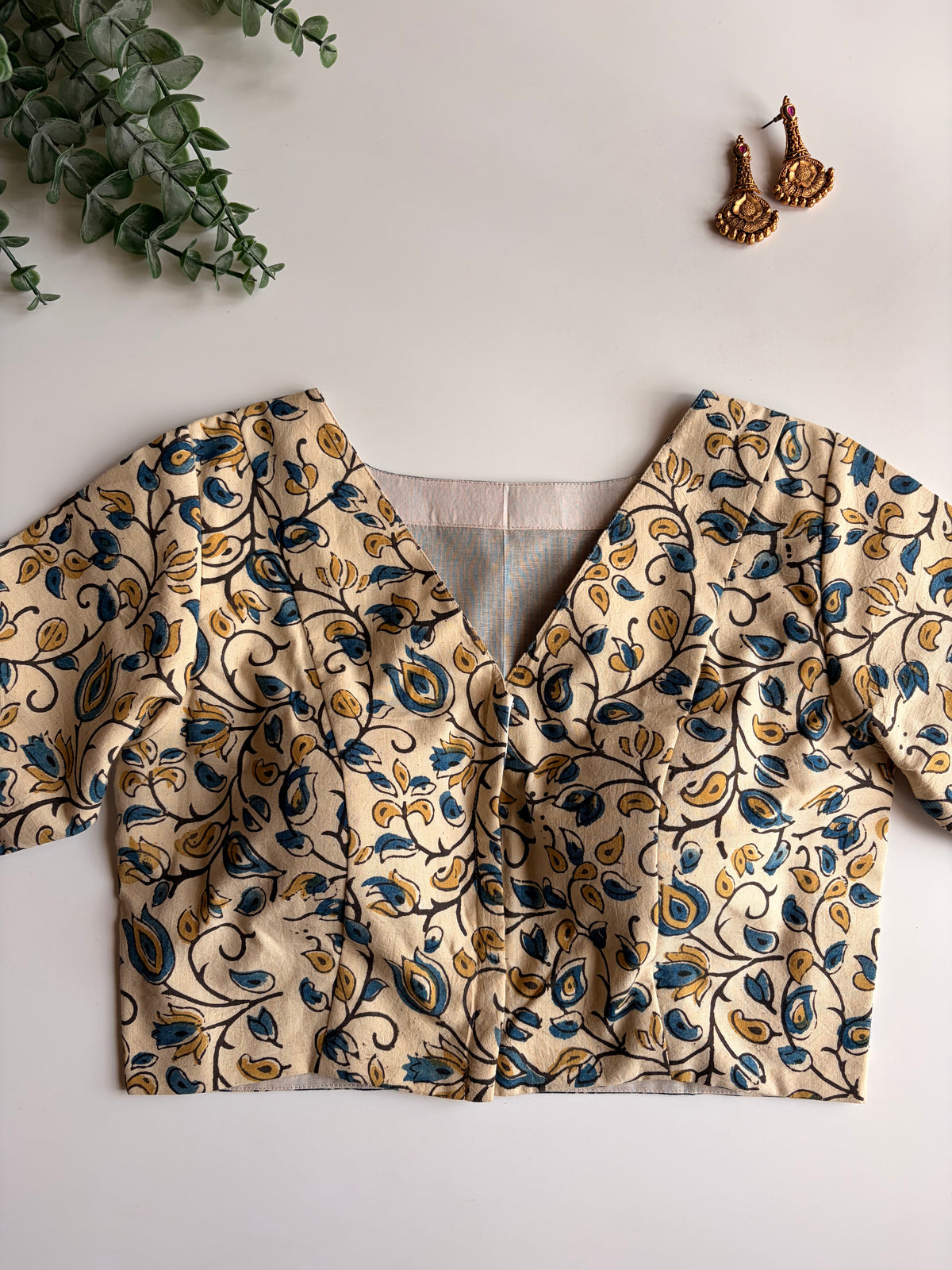 White Floral & Navy Lotus Ajrakh Blouse