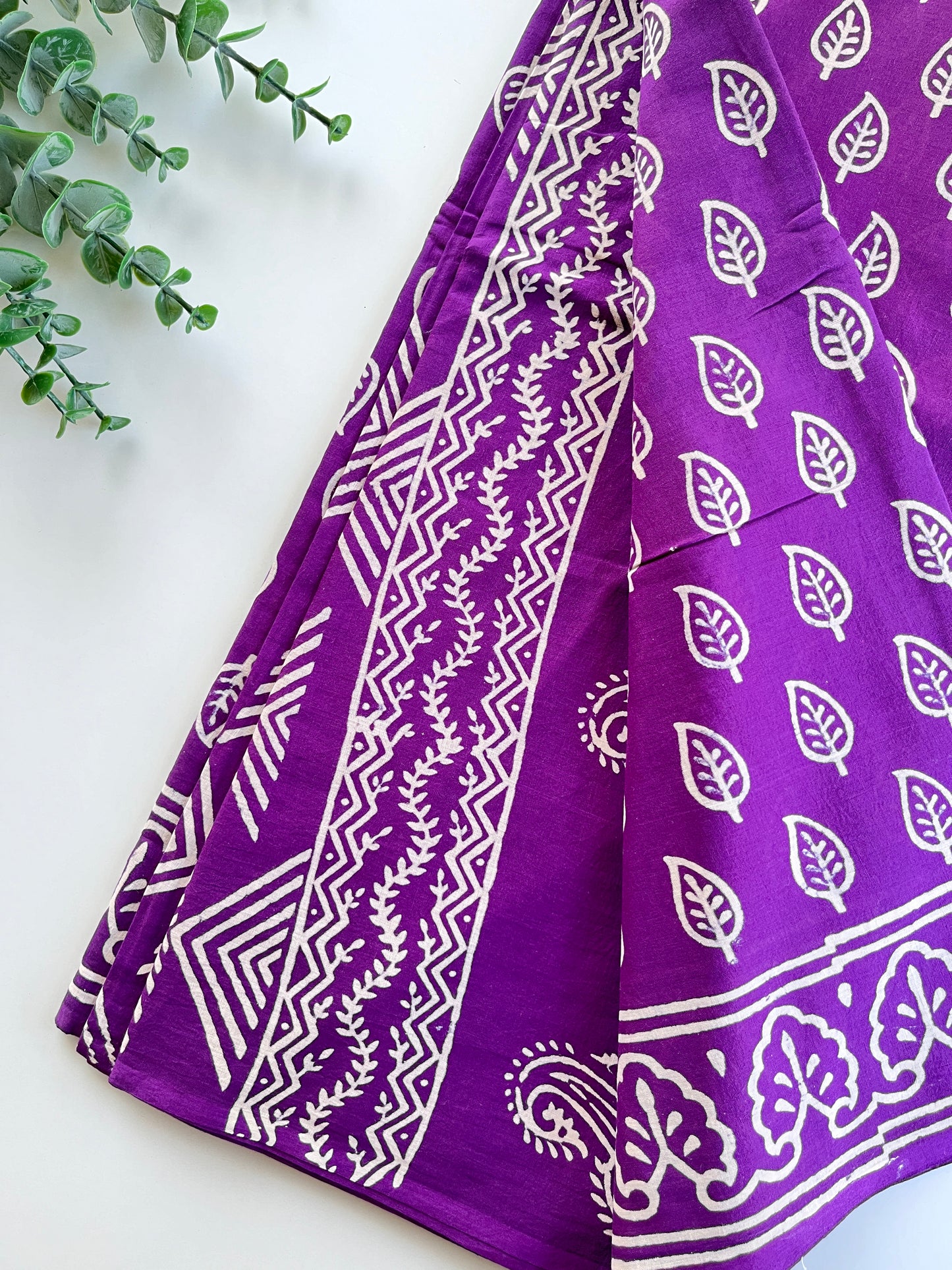 Purple Block Printed Cotton Saree