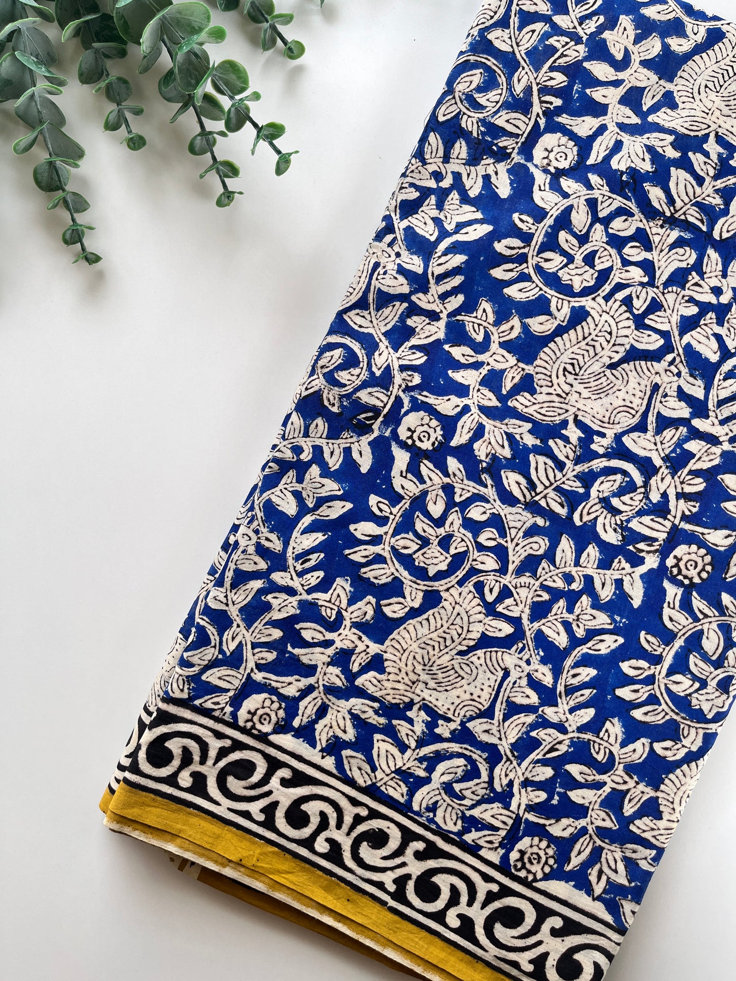 Indigo and Mustard Yellow Block Printed Saree