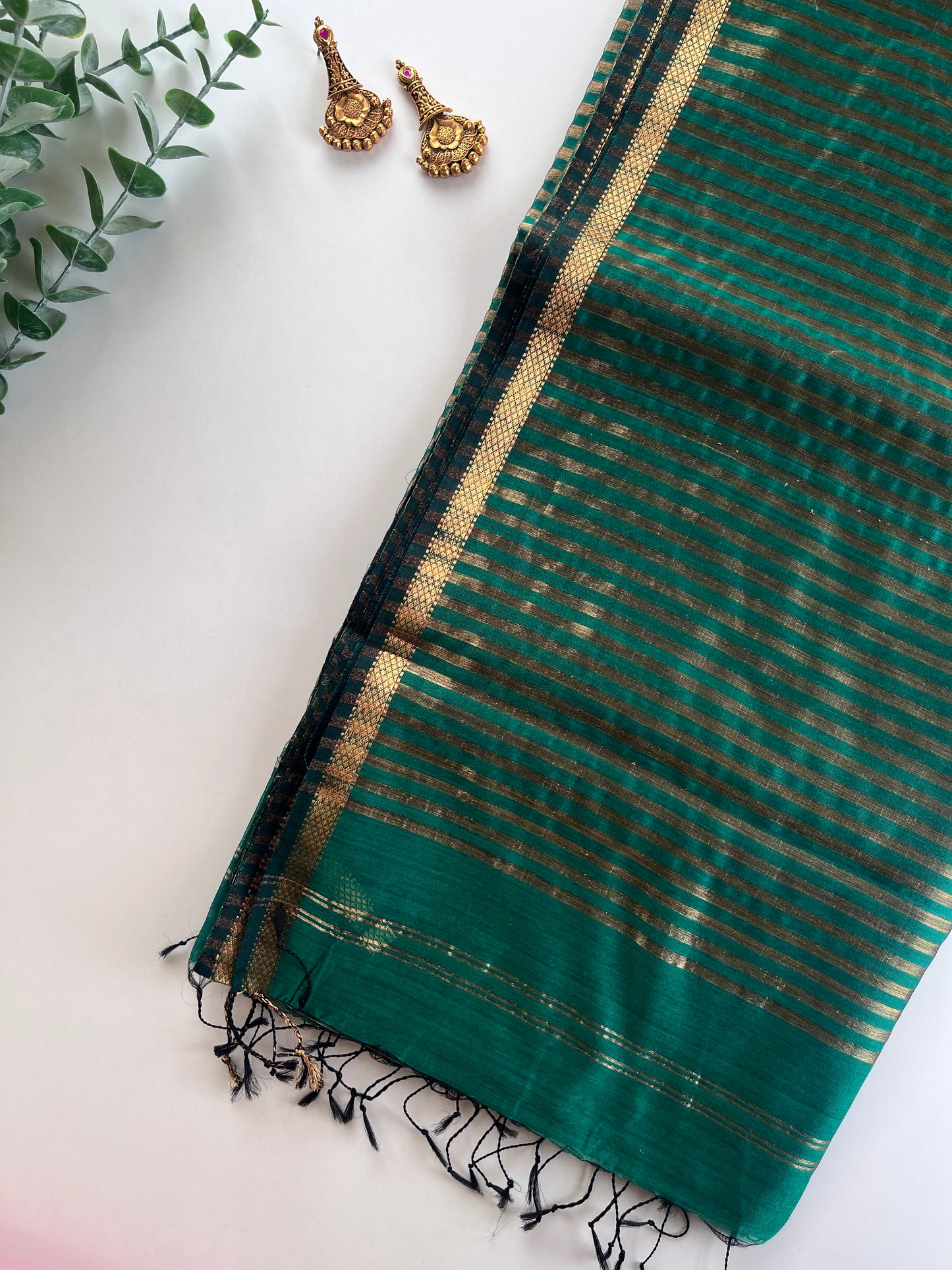 Green Stripes Maheshwari Cotton Silk Saree