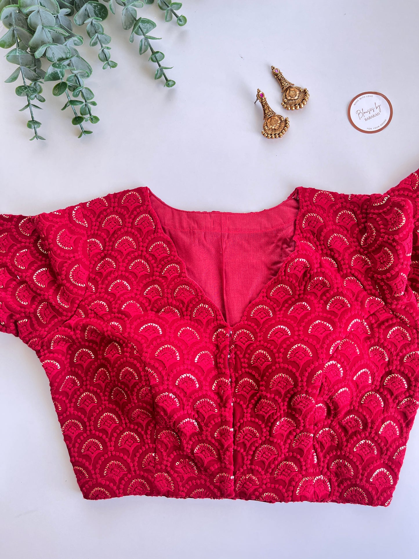 Red Chikankari Scallop Blouse