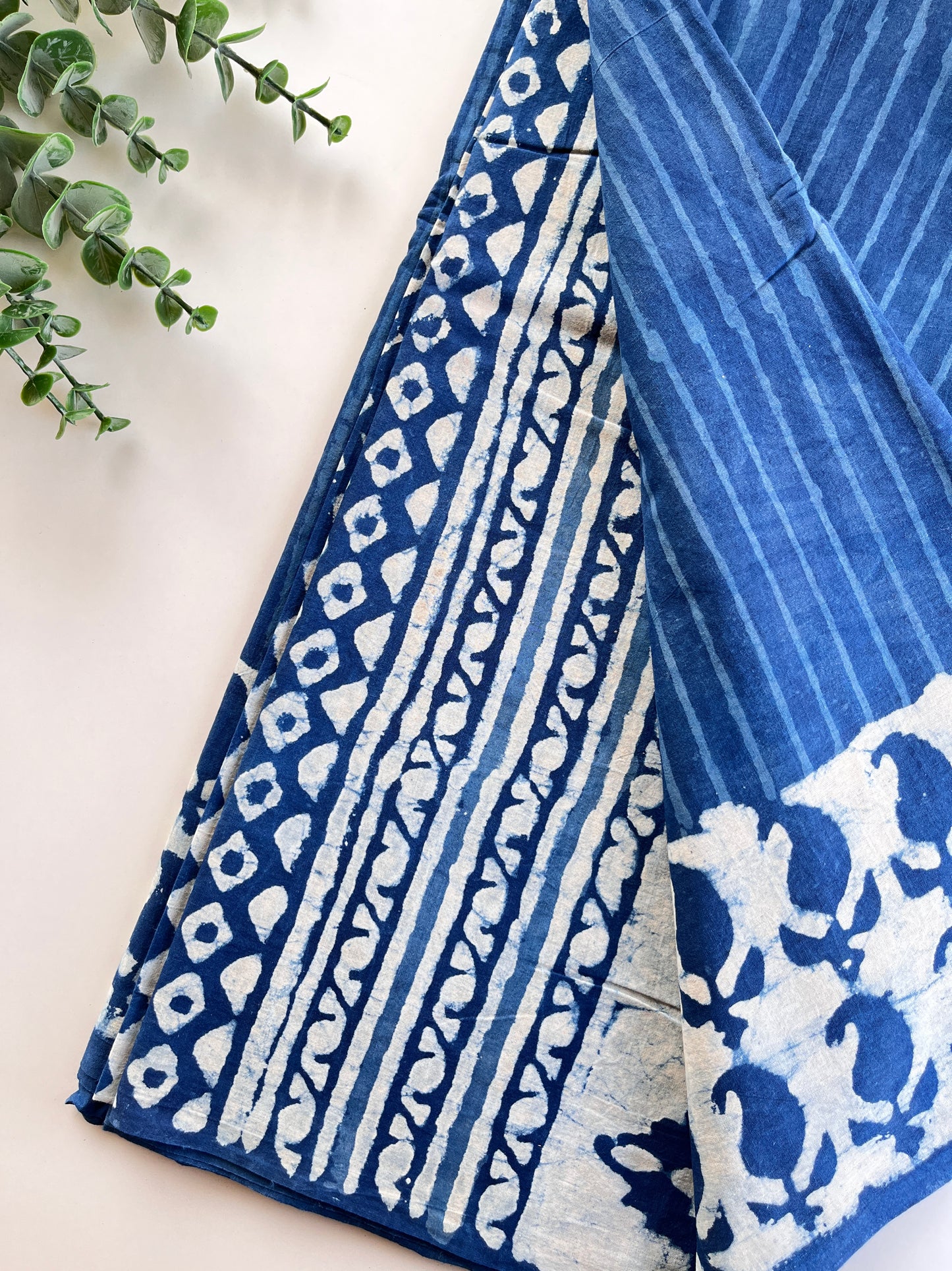 Indigo Stripes Block Printed Cotton Saree