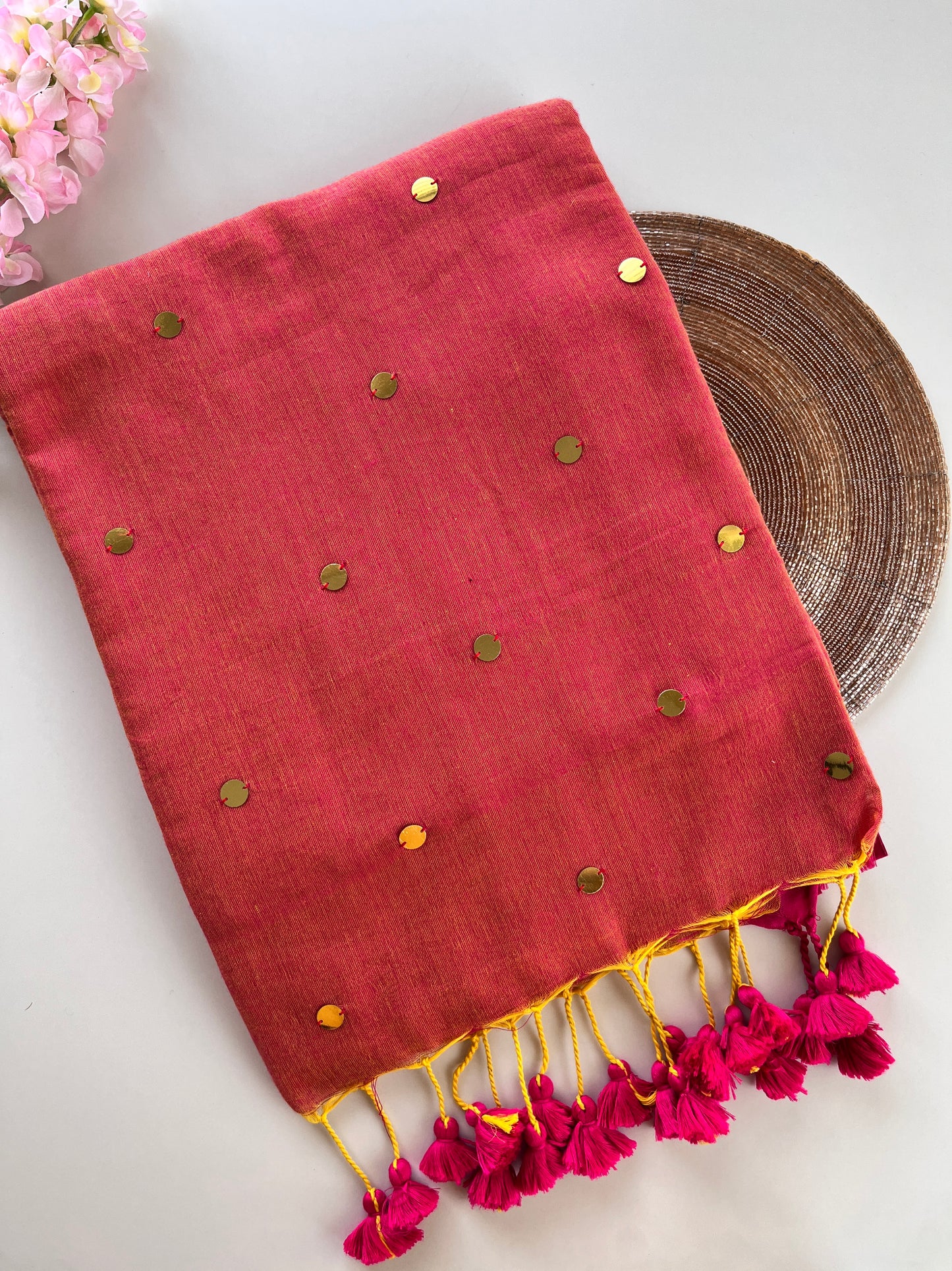 Peach Pink Mul Cotton Sequence Saree