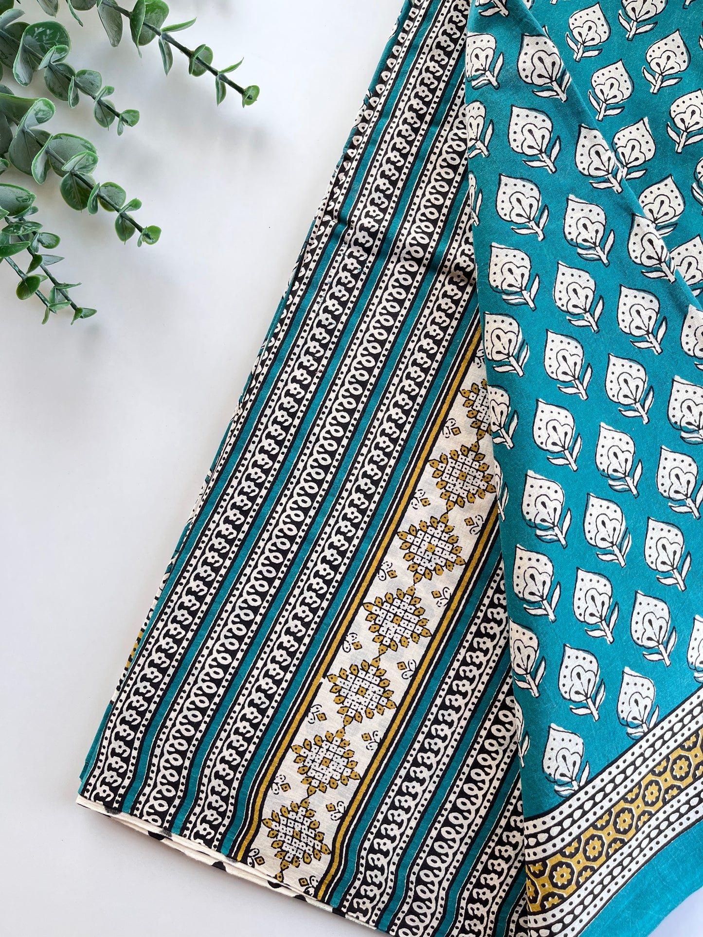 Peacock Green Block Printed Cotton Saree