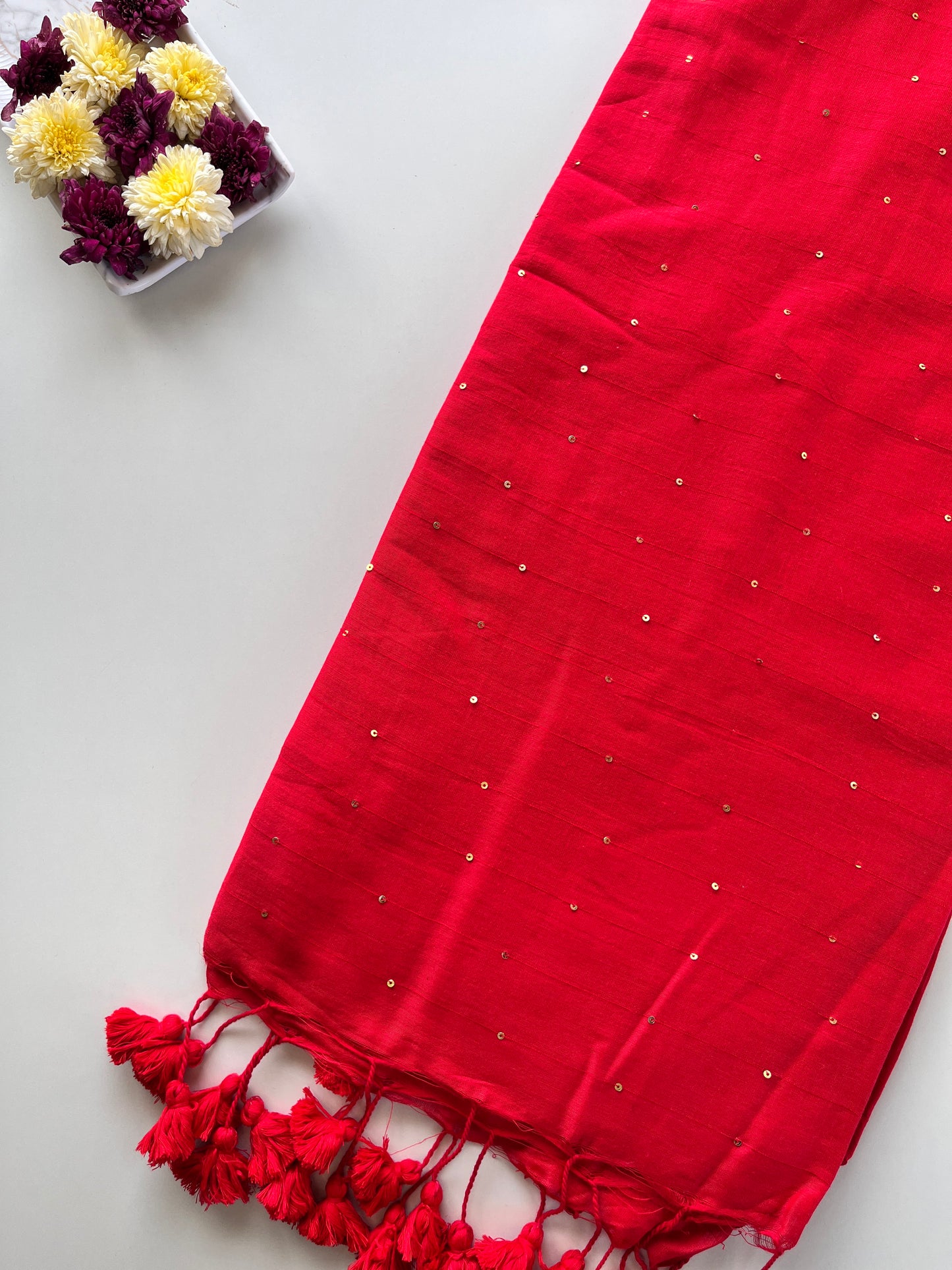 Red Mul Cotton Sequence Saree