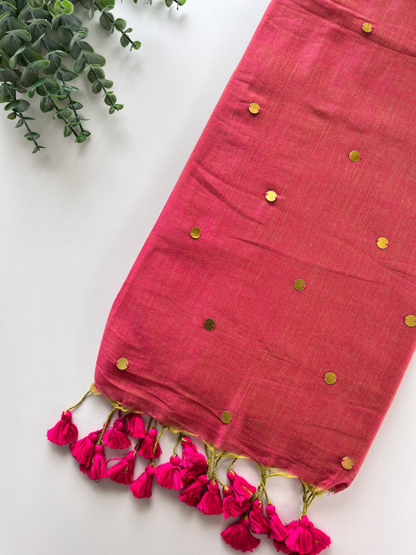 Pink and Green Mul Cotton Sequence Saree