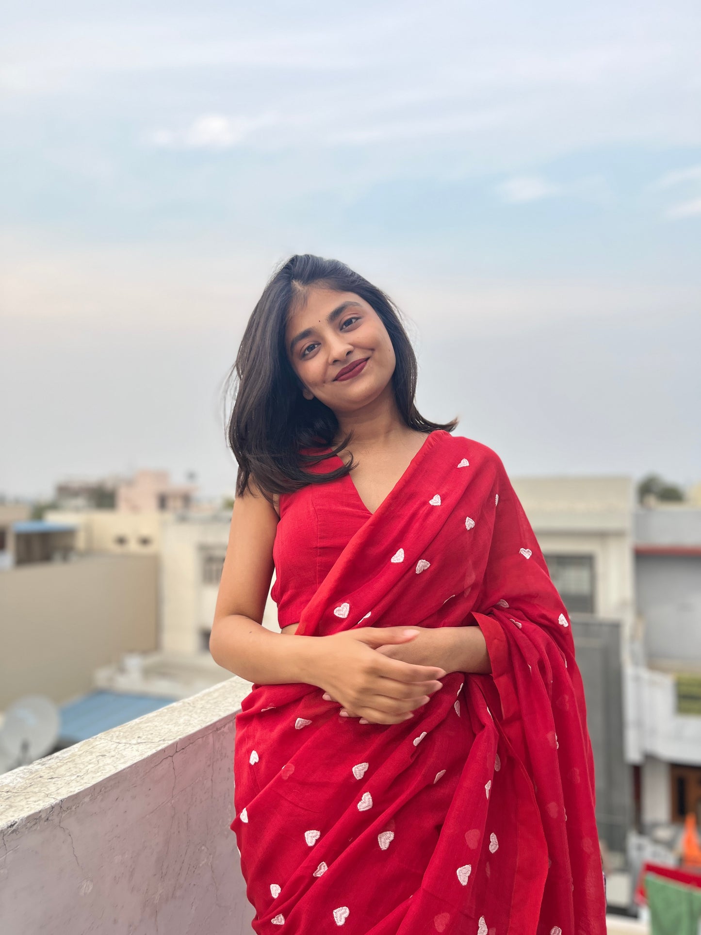 Red Embroidered Mul cotton saree
