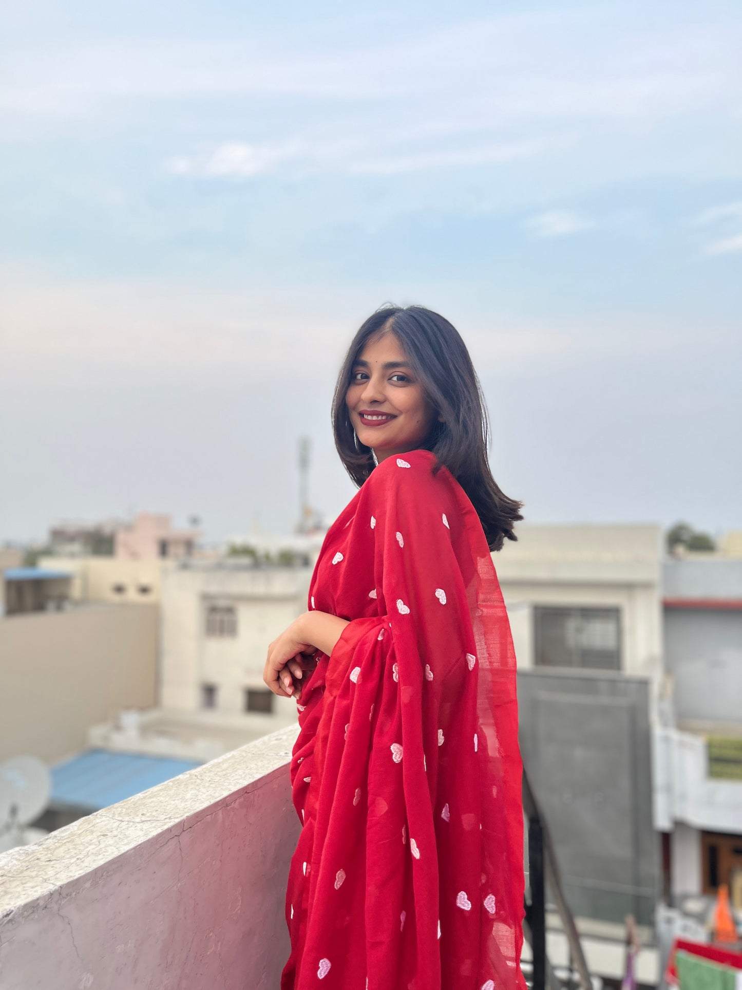 Red Embroidered Mul cotton saree