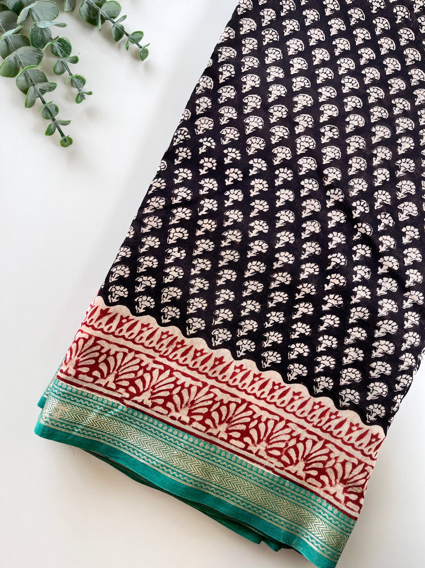 Black and Teal Blue Cotton Silk Saree