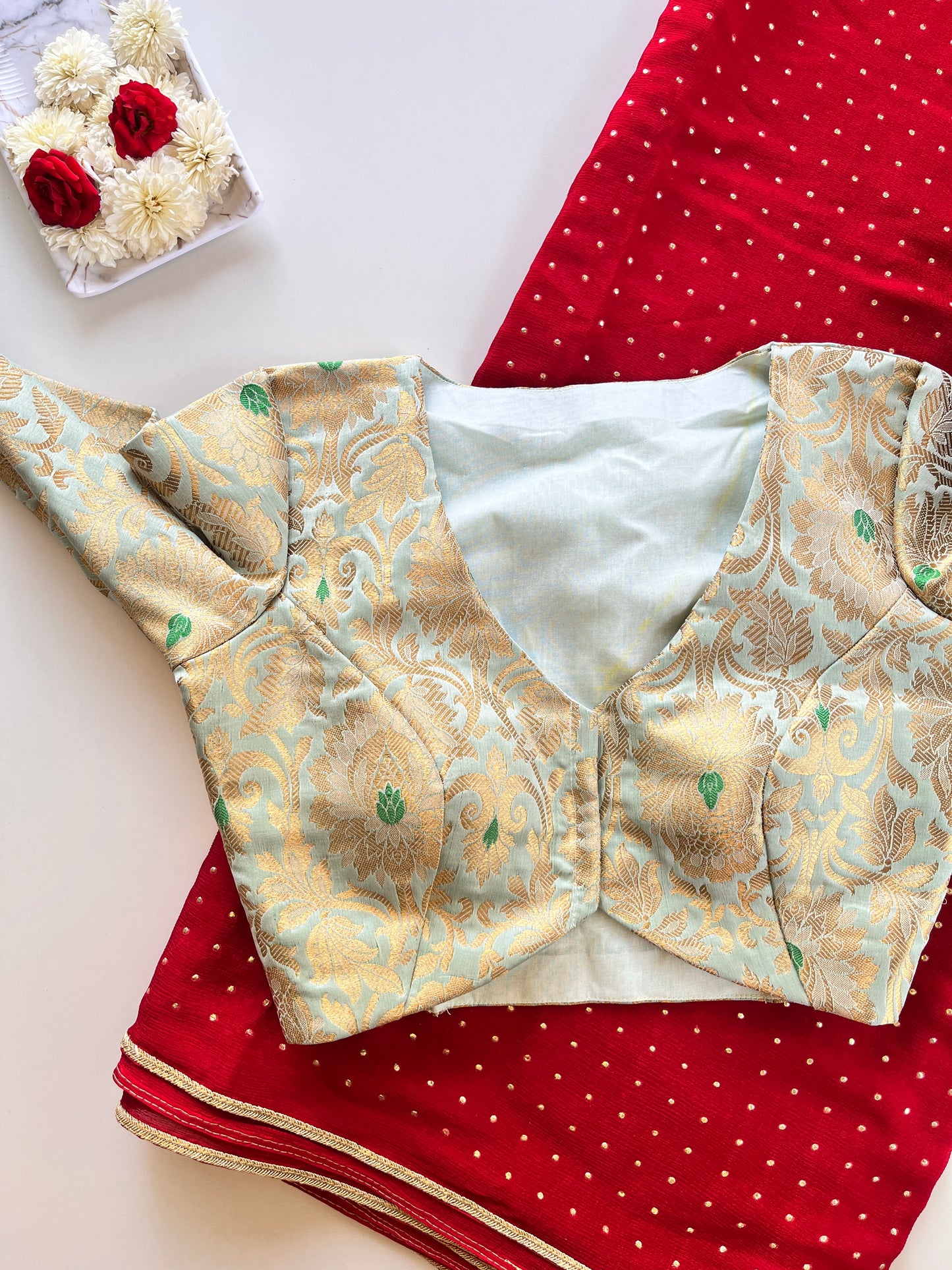 Asma in Red & Green Banaras Blouse