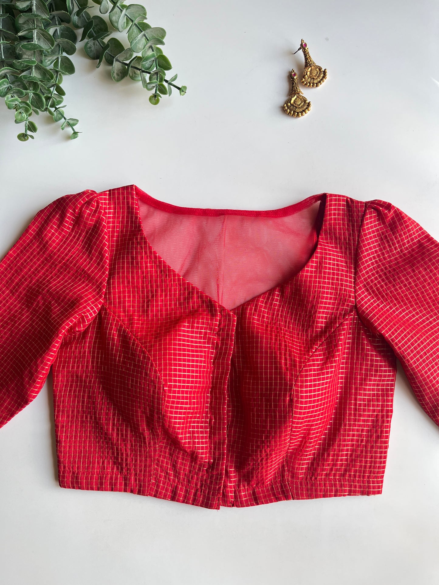 Red Check Puff Sleeve Blouse