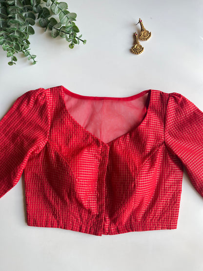 Red Check Puff Sleeve Blouse