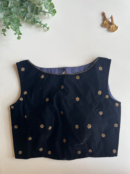 Navy Blue Velvet Handwork Blouse