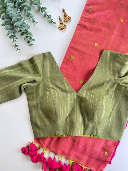 Pink Mul saree & Olive green Blouse