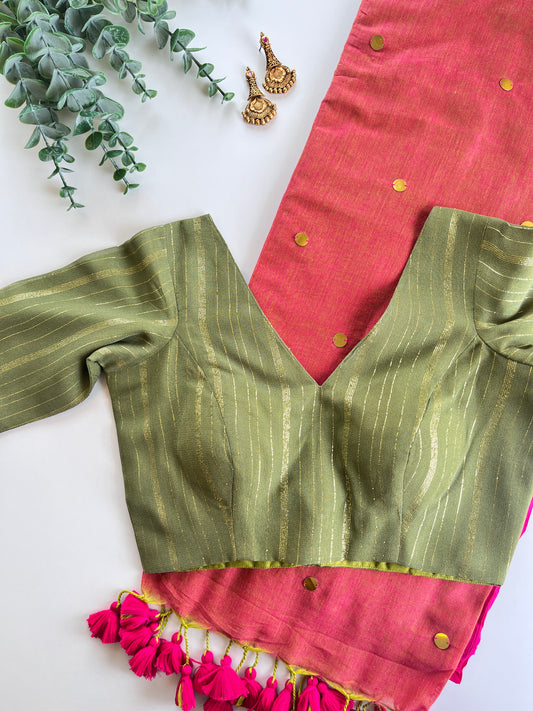 Pink Mul saree & Olive green Blouse
