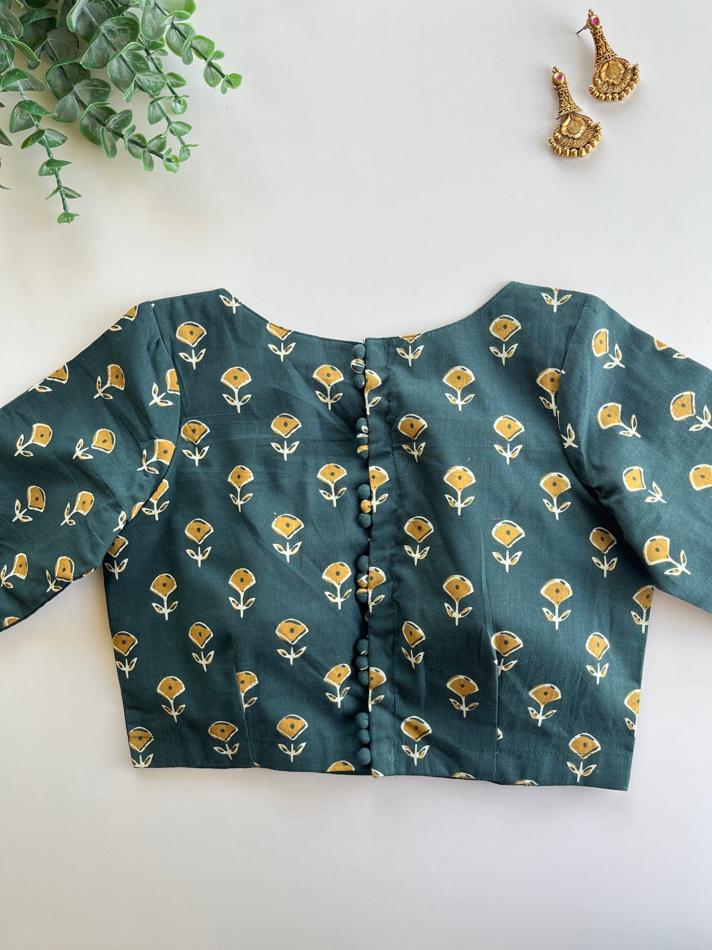 Dark Green & Mustard Cotton Blouse