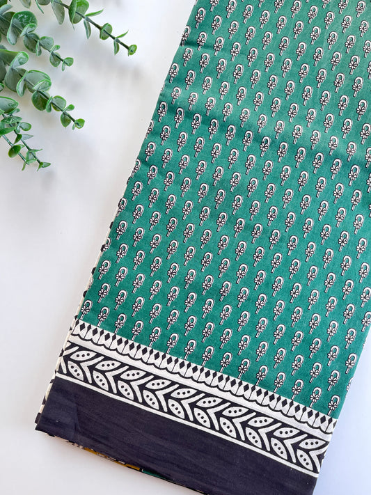 Dark Green Block Printed Cotton Saree