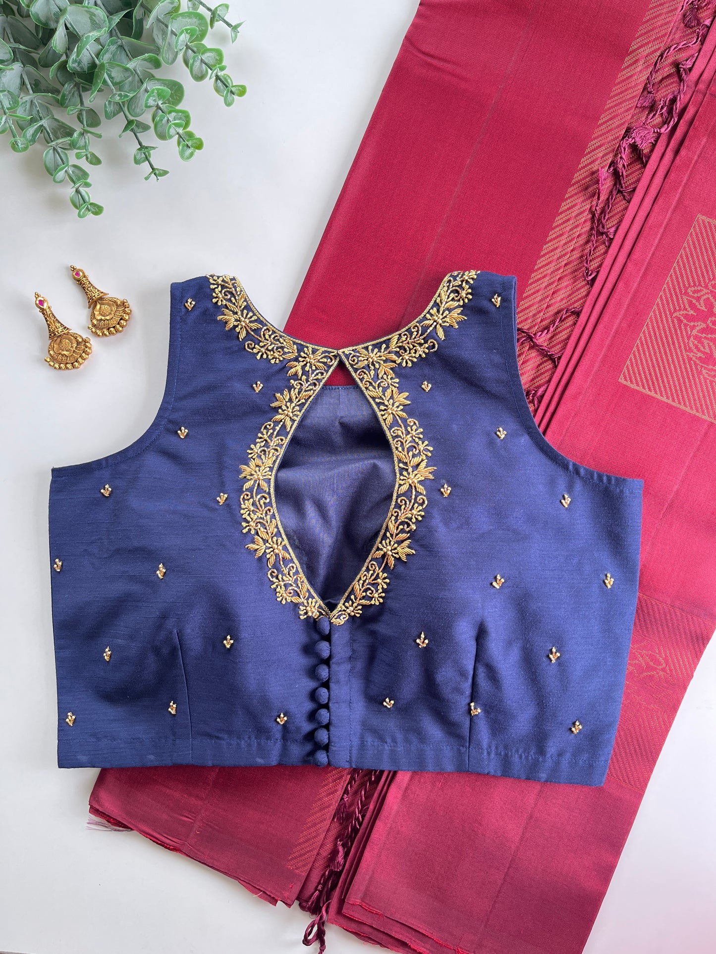 Maroon Soft Silk Saree & Navy Blue Blouse