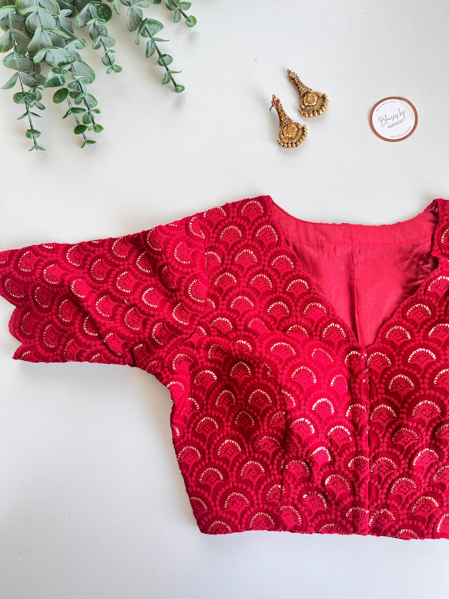 Red Chikankari Scallop Blouse