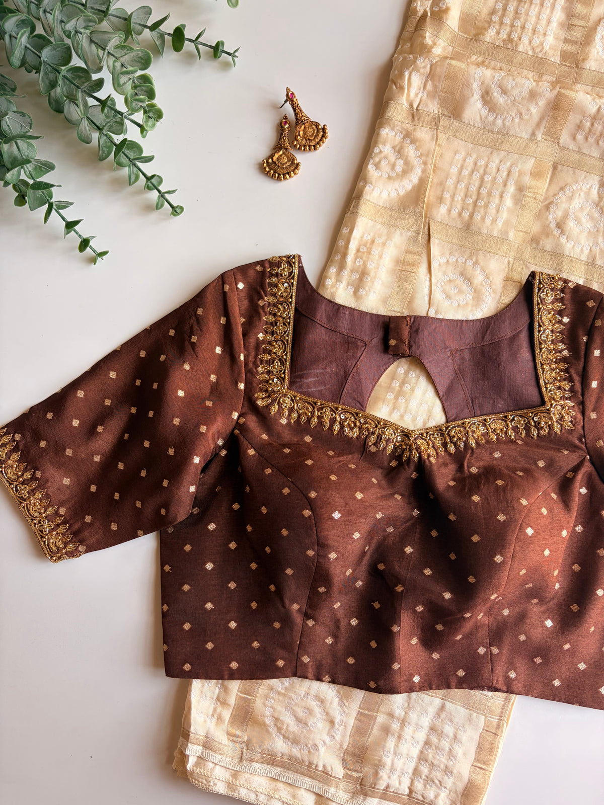 Inaara in Beige and Brown Handworked Blouse