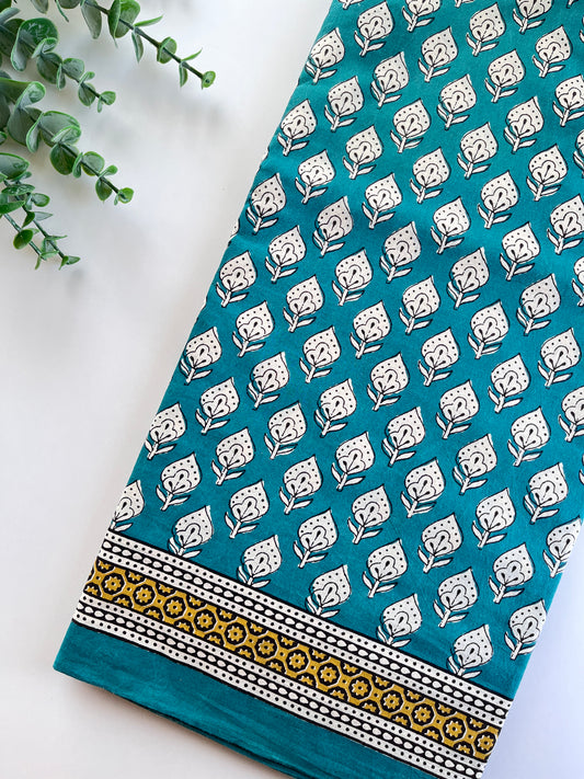 Peacock Green Block Printed Cotton Saree