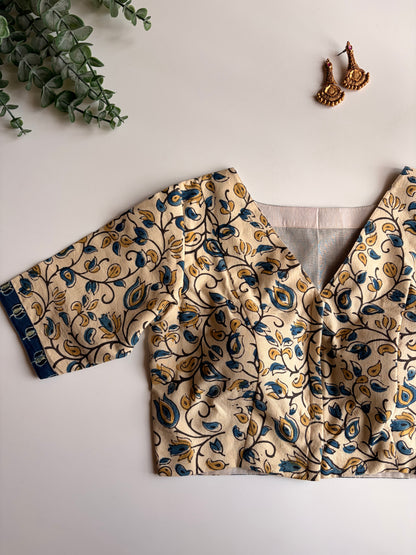 White Floral & Navy Lotus Ajrakh Blouse