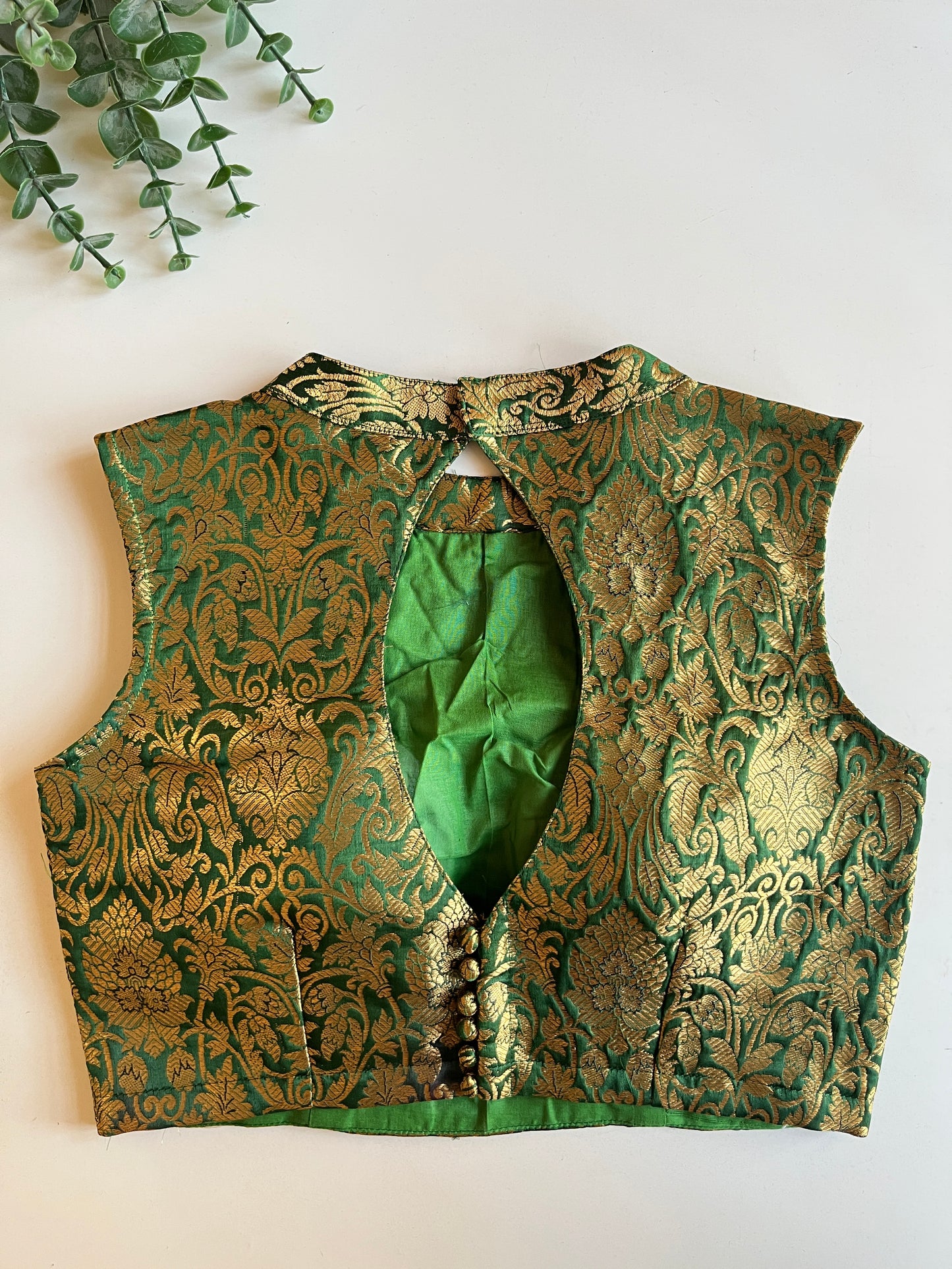 Green Brocade Sleeveless Blouse
