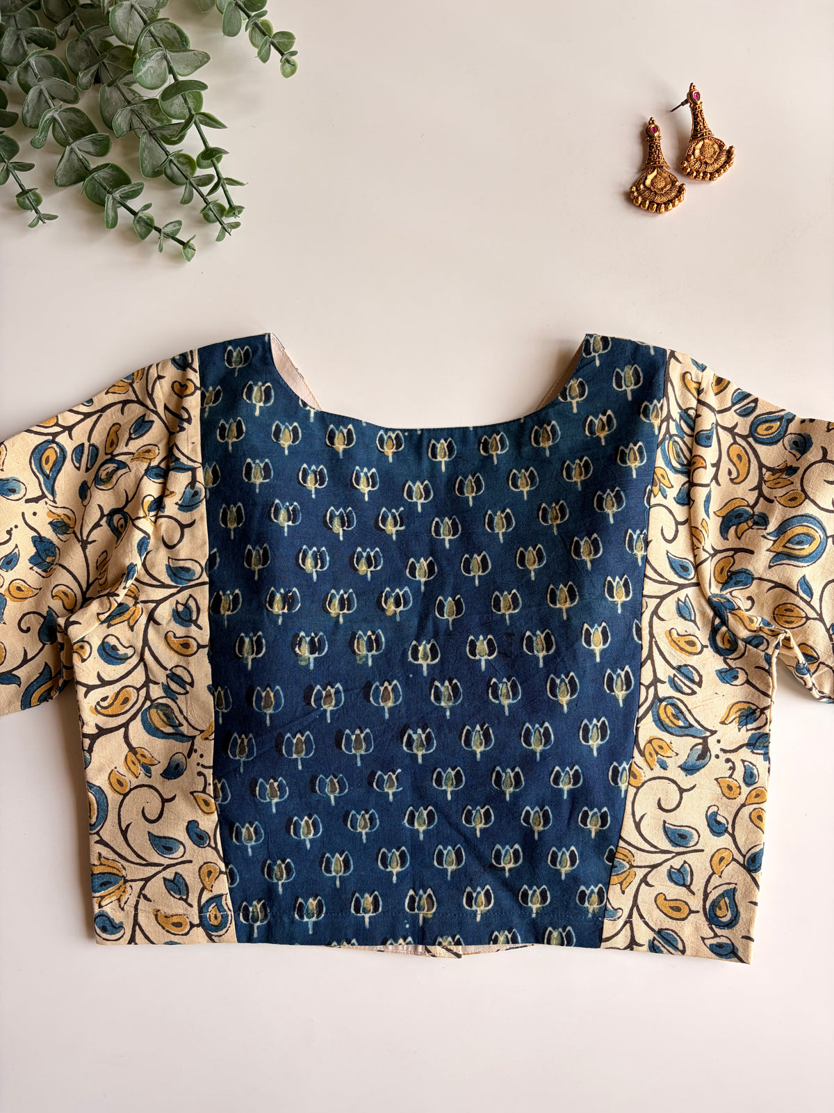 White Floral & Navy Lotus Ajrakh Blouse