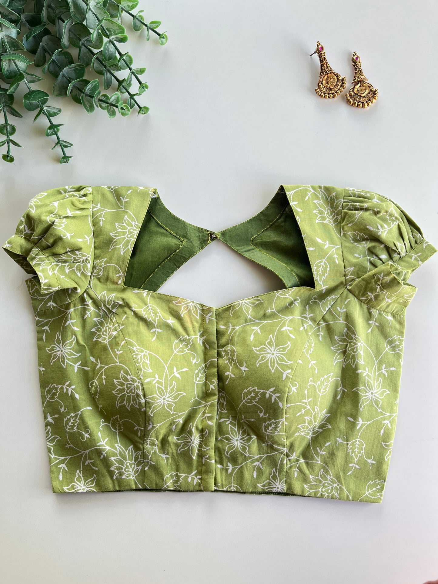 Green Cotton Puff Sleeve Blouse