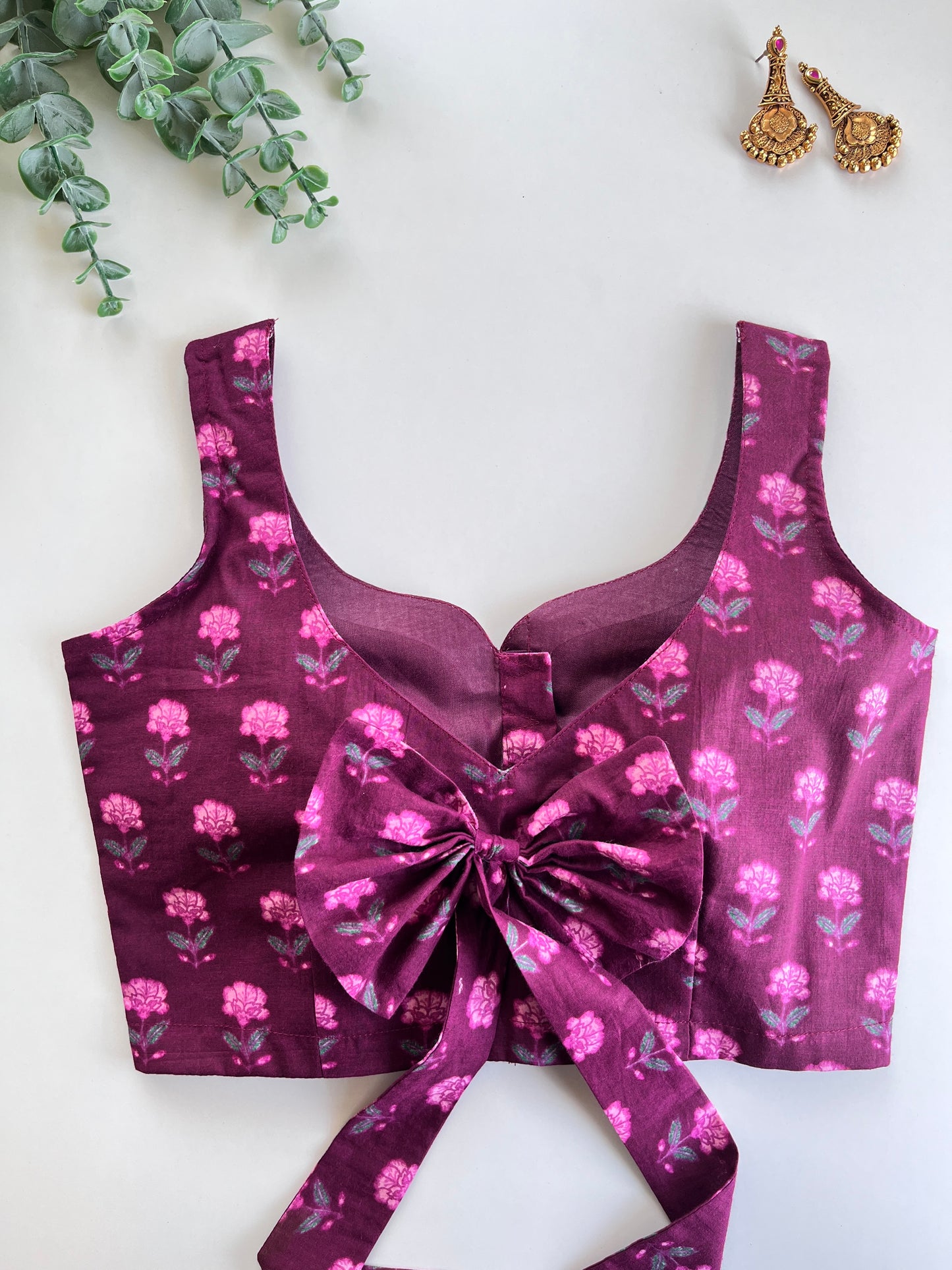 Red Wine Block Printed Bow blouse