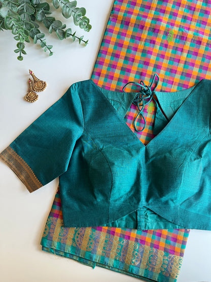 Check Saree & Green Border Blouse