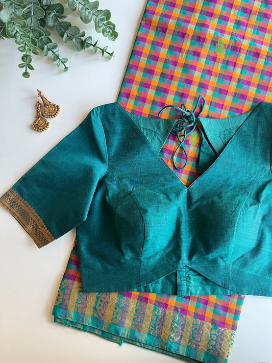 Check Saree & Green Border Blouse