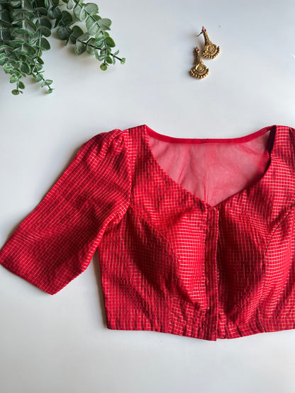 Red Check Puff Sleeve Blouse