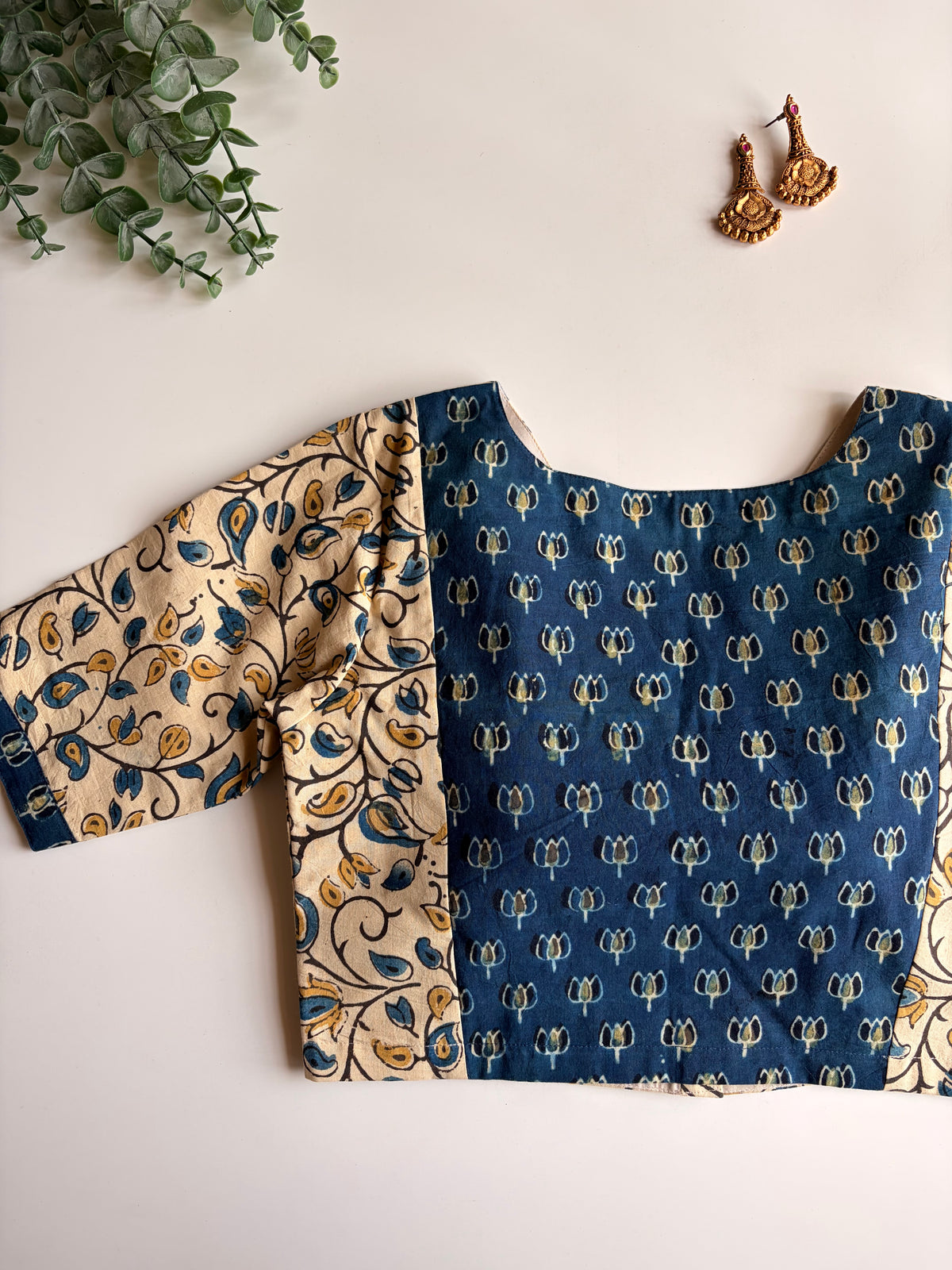 White Floral & Navy Lotus Ajrakh Blouse