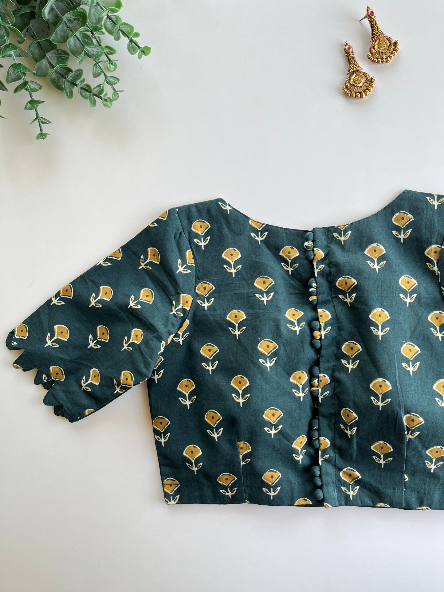Dark Green & Mustard Cotton Blouse