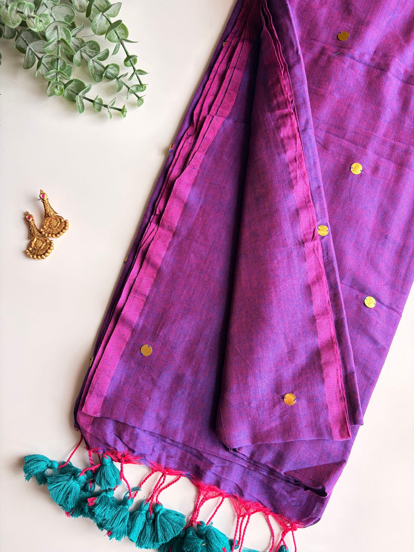 Purple & Peacock Blue Mul Cotton Sequence Saree