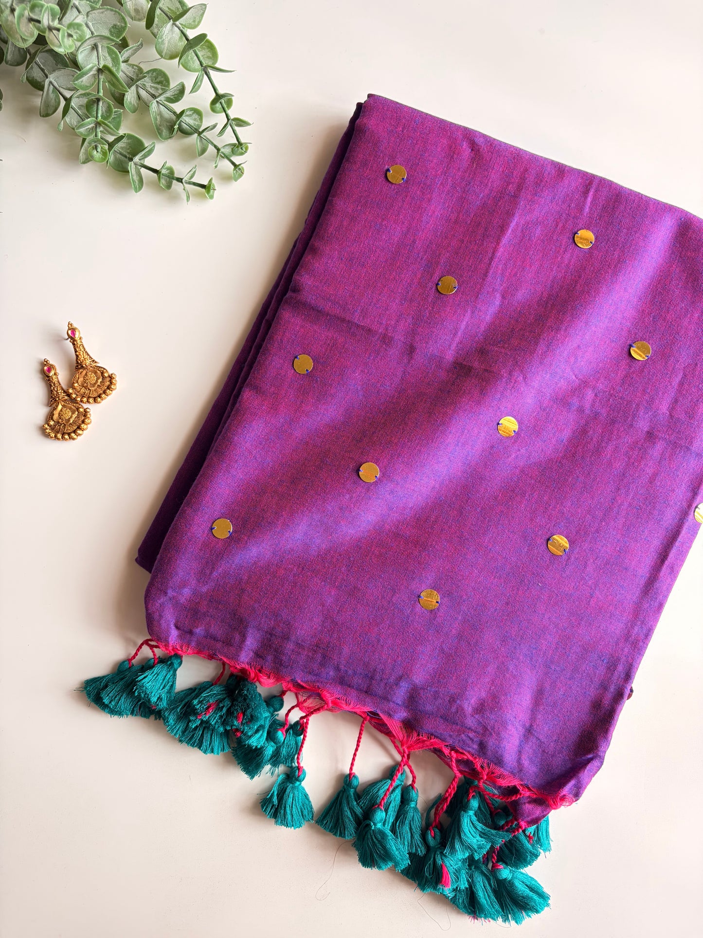Purple & Peacock Blue Mul Cotton Sequence Saree