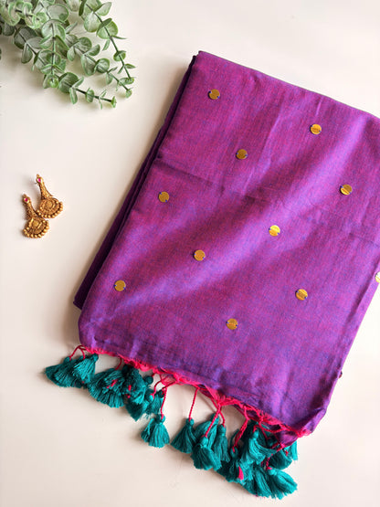 Purple & Peacock Blue Mul Cotton Sequence Saree