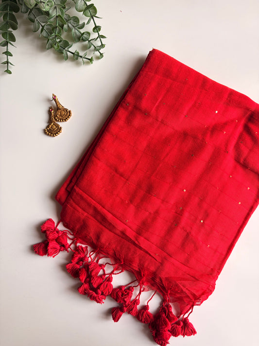 Red Mul Cotton Sequence Saree
